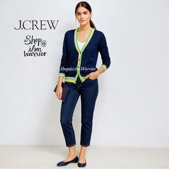 J.Crew NWT navy lightweight v-neck cardigan with neon striped trim - Picture 1 of 11